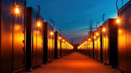 The image shows a row of glowing server racks beautifully aligned under the evening sky, illustrating modern technology and infrastructure, with a serene ambiance.