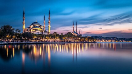 Obraz premium Istanbul Mosque twilight reflection, city skyline.