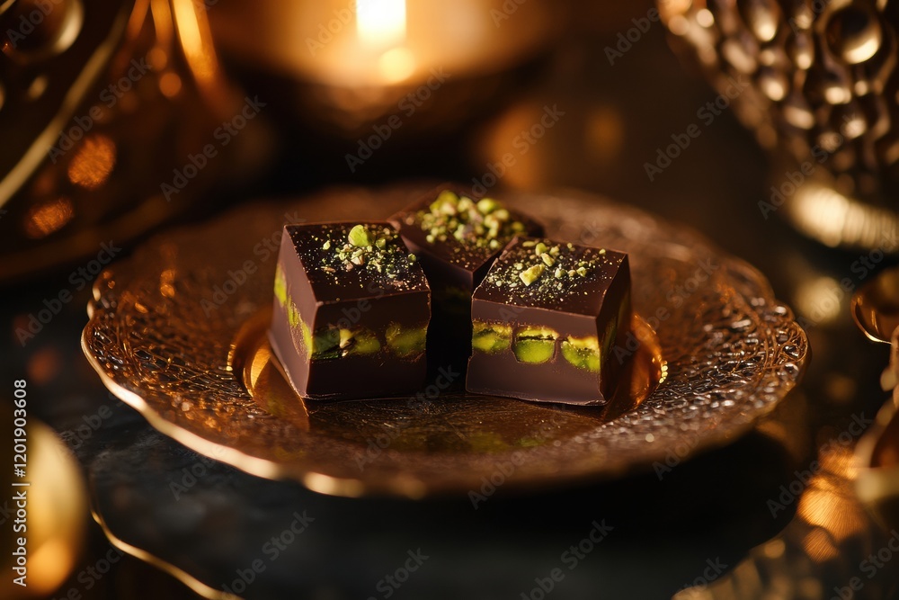 Poster delicious cut chocolate squares with pistachio filling on an ornate golden plate surrounded by intri