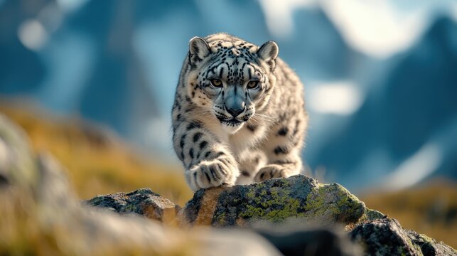 A majestic snow leopard prowls gracefully over rugged terrain, epitomizing adaptability and strength, capturing the rugged beauty of wilderness habitats.