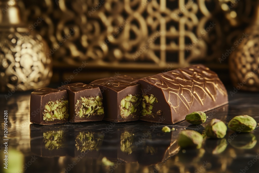 Poster chocolate bar filled with creamy pistachio paste presented on an elegant marble countertop. generati