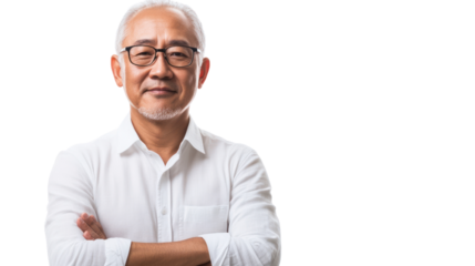 A confident older man wearing glasses and a white shirt, smiling while standing with his arms crossed. Perfect for professional and lifestyle themes.