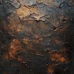 Topdown view of rusted metal plate with uneven edges, weathered textures, and sharp photorealistic details under soft lighting