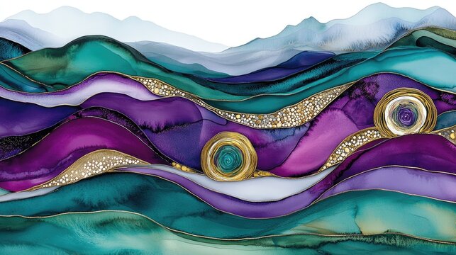 Abstract landscape painting, purple teal waves, gold accents, mountains background, home decor art