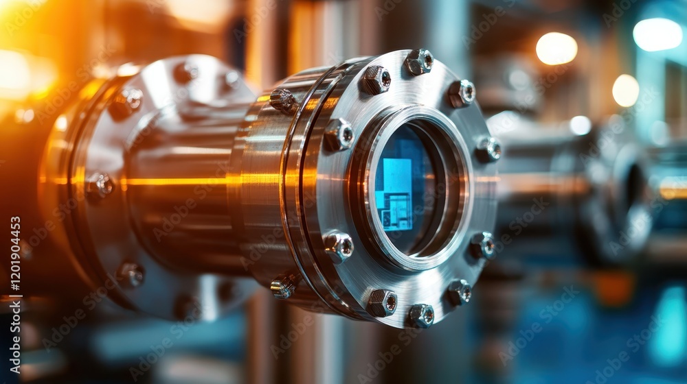 Poster an industrial setting showcasing a pipeline with gleaming steel components, symbolizing modern engin