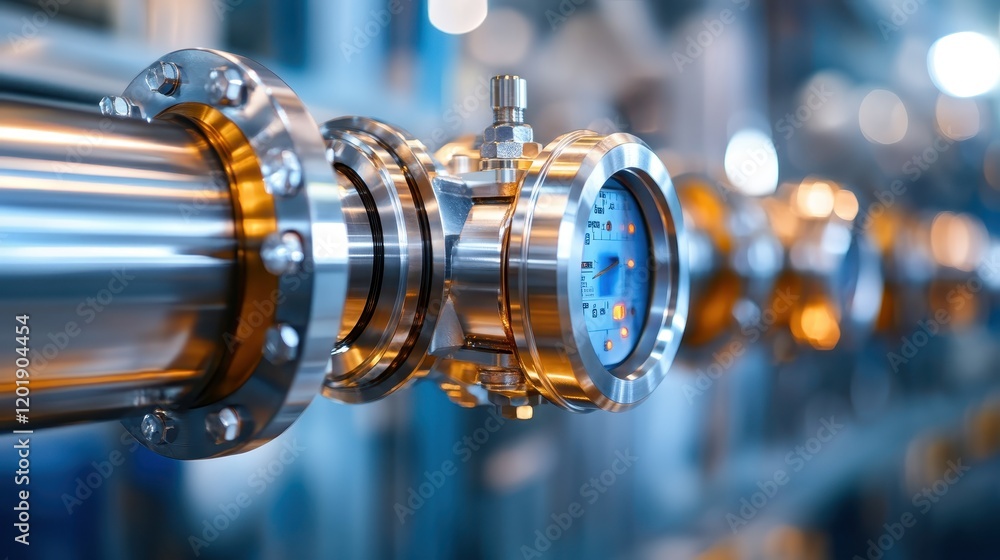 Poster a close-up view of a pipeline with intricate metal details in an industrial environment, representin