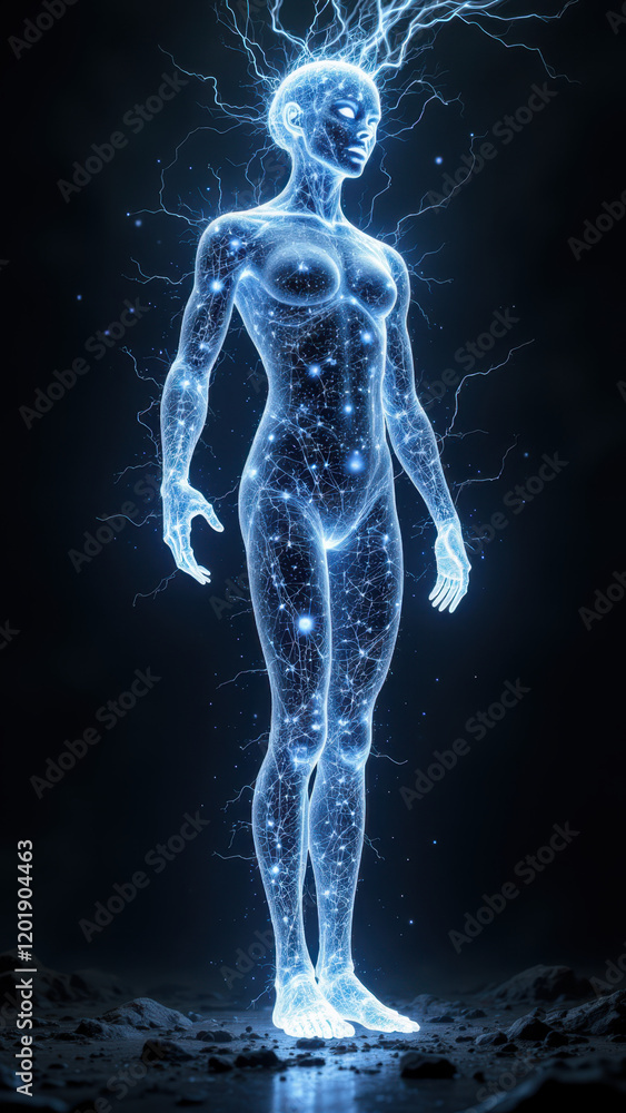 Poster a 3d rendering of an ai girlfriend with lightning emanating from her body.