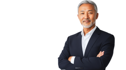 A confident older gentleman in business attire, standing with arms crossed, exuding professionalism and experience in a corporate setting.