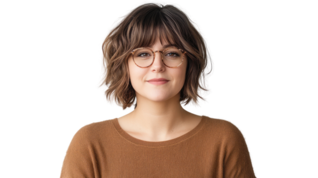 A confident young woman with curly hair and glasses smiles warmly, representing modern style and individuality in a professional setting.