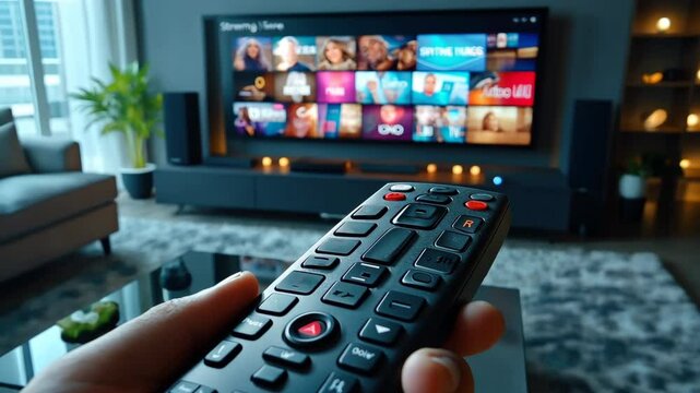 Person watch modern tv pov. Cozy living room large television displaying show, movie, film program. Man hand holds remote control close up. Home entertainment. First point of view. Streaming service.