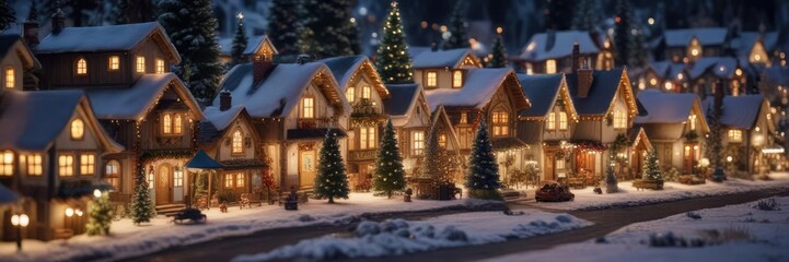 A beautifully decorated Christmas village with tiny houses and churches, snowflakes, christmas village, church