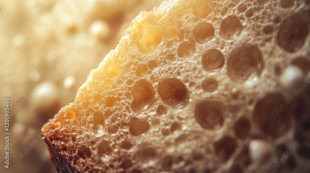Leinwandbilder close up view of bacteria forming bubbles on a piece of bread in a warm environment. generative ai