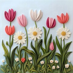 Colorful Array of Paper Tulips and Daisies with a Blue Backdrop in a Quilling Art Style