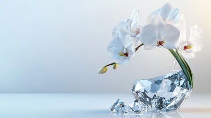Elegant white orchids in a diamond-shaped glass vase with a serene background.
