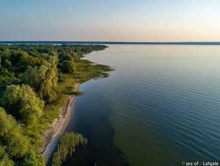 Obraz premium Aerial view of a serene lake surrounded by lush green trees and a clear sky during sunset