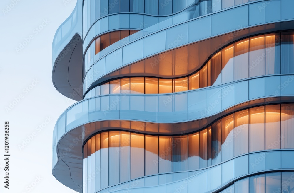 Poster modern architectural details of a glass building showcasing flowing curved shapes and warm lighting,