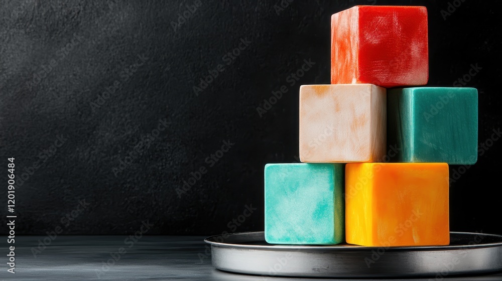 Poster a vibrant arrangement of colorful cubes neatly stacked on a dark surface, showcasing an artistic ble