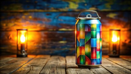 A beer can filled with colorful paper and other materials, creating a makeshift lantern or light source, artistic expression, upcycled lighting, DIY lamp, handmade lighting
