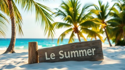 Wooden sign with the words Le Summer on a tropical beach with palm trees in the background