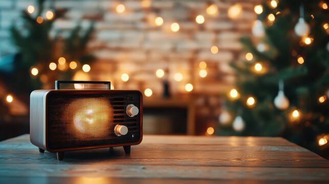 An old-fashioned radio is set on a wooden surface, softly illuminated by warm festive lights and a Christmas tree, creating a cozy winter holiday atmosphere.