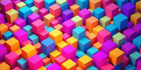 A vibrant abstract composition of colorful cubes arranged in a dynamic and chaotic pattern, creating a sense of depth and movement