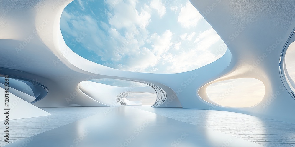 Poster modern architectural interior design featuring smooth white surfaces and expansive windows with a br