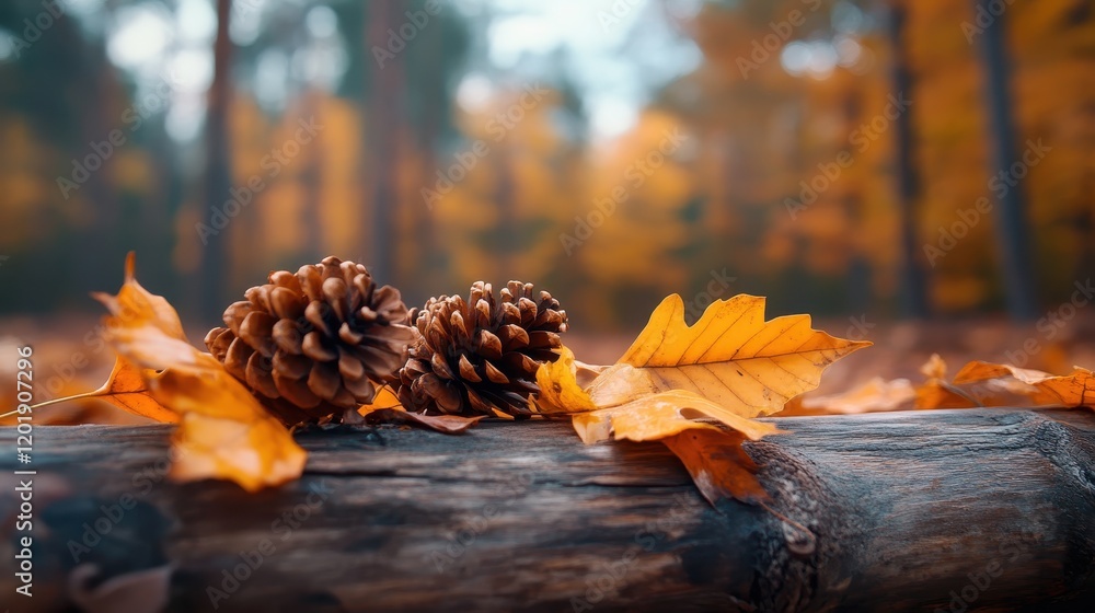 Aufkleber two pine cones sit atop a rustic log scattered with vibrant autumn leaves in a serene forest setting