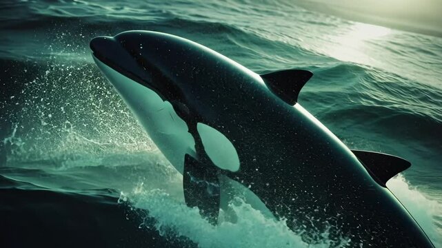 Close-up of an orca whale breaching in the ocean, a real photograph.