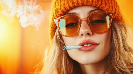 A fashionable woman in sunglasses and a knitted hat, smoking against a warm orange backdrop, representing modern style and a carefree demeanor.