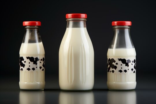Three glass bottles containing fresh milk, featuring cowhide pattern and red caps, stand on a reflective black surface - Powered by Adobe