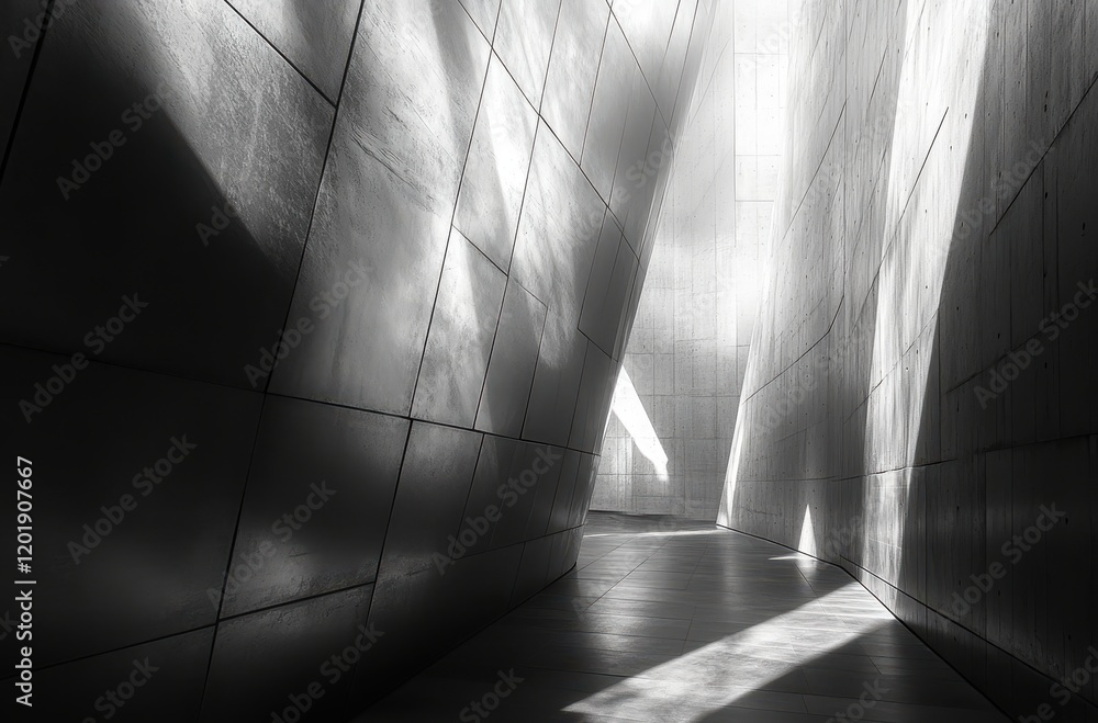 Poster modern architectural interior with angled walls and soft light creating abstract shadows in a minima