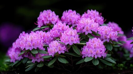 Lush pink rhododendron blooms in garden, dark background, nature photography, for websites or print