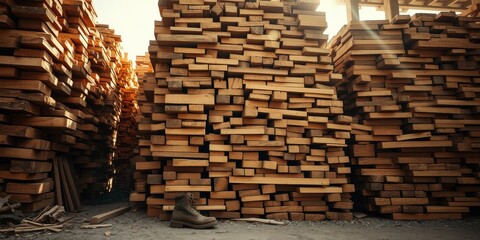 A lone boot rests beside a towering wall of stacked wooden planks, bathed in the warm glow of the setting sun.