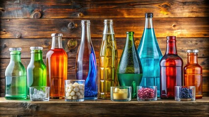 A bottle of colorful drinks with various shapes and sizes stacked on a wooden shelf, with a few glasses and ice cubes nearby, distillery, brewing process, liquor, winemaking, beverages