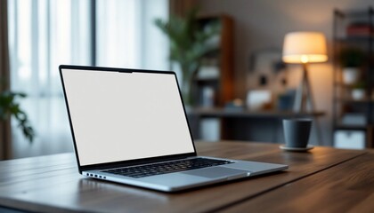 Fototapeta premium Laptop with Blank Screen on a Wooden Desk in a Cozy Home Office with a Modern Warm Interior