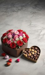 A bouquet of flowers and a heart-shaped box of chocolates, box of chocolates,