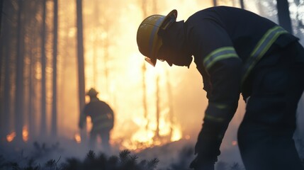 Fototapeta premium Firefighter in Action During Forest Fire
