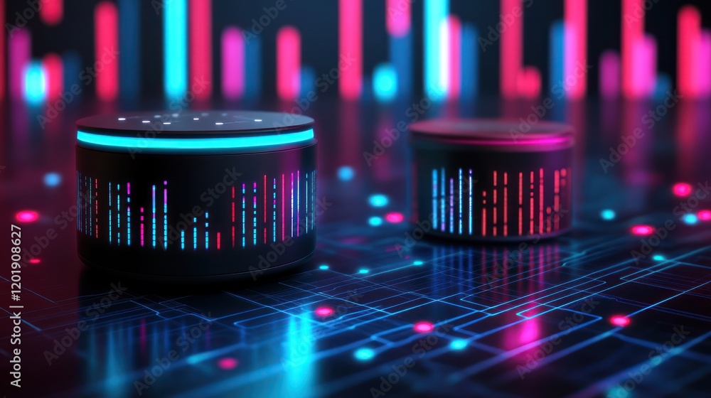 Poster abstract futuristic data visualization with glowing cylindrical devices on a circuit board