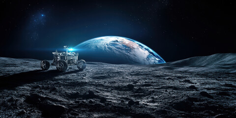 A futuristic lunar rover explores the moon's surface, illuminated by a blue light, with Earth prominently visible in the background, showcasing humanity's quest for space exploration.