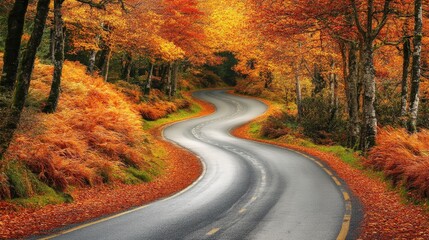 Obraz premium A serene shot of a winding road through a forest, lined with trees in vibrant shades of orange, red, and yellow