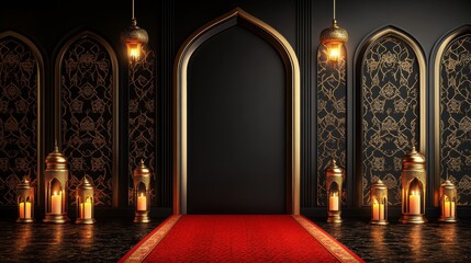 Obraz premium Elegant Entrance with Red Carpet and Golden Lanterns in Dark Room