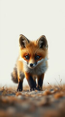 Fototapeta premium A cute fox cub exploring its surroundings with wide eyes, forest exploration, outdoor scene, bushy tail, adventure