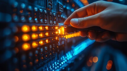 Fototapeta premium A Hand Plugging a Network Cable into a Server Rack with Glowing Orange and Blue Lights Illuminating the Connectivity and Data Transfer Process