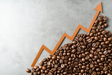 A visual representation of coffee beans with an upward trend arrow, symbolizing growth or increase in coffee sales or popularity.