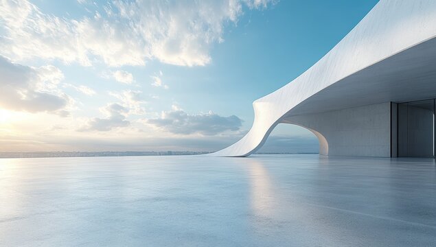 Modern architectural marvel showcasing sleek lines and expansive open spaces under a serene sky, perfect for representations of innovation and design aesthetics.