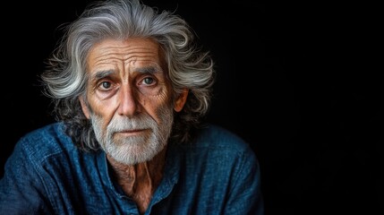 Elderly man with expressive face and gray hair against dark background