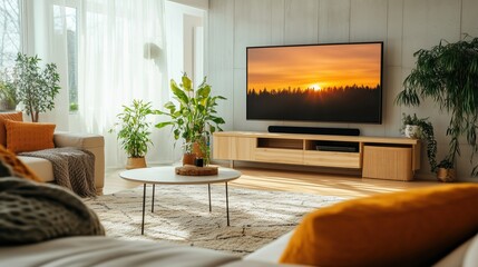 The bright, open space showcases a stylish living room design, with comfortable furniture and a prominent TV unit bathed in soft sunlight for a warm, inviting feel.
