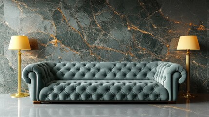 Elegant tufted sofa in luxurious green marble interior design
