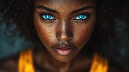 Portrait of Young Woman with Bright Eyes and Freckled Skin