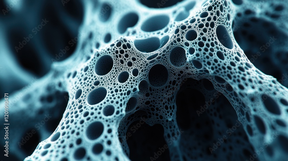 Poster abstract blue porous structure with interconnected cavities and textured surface